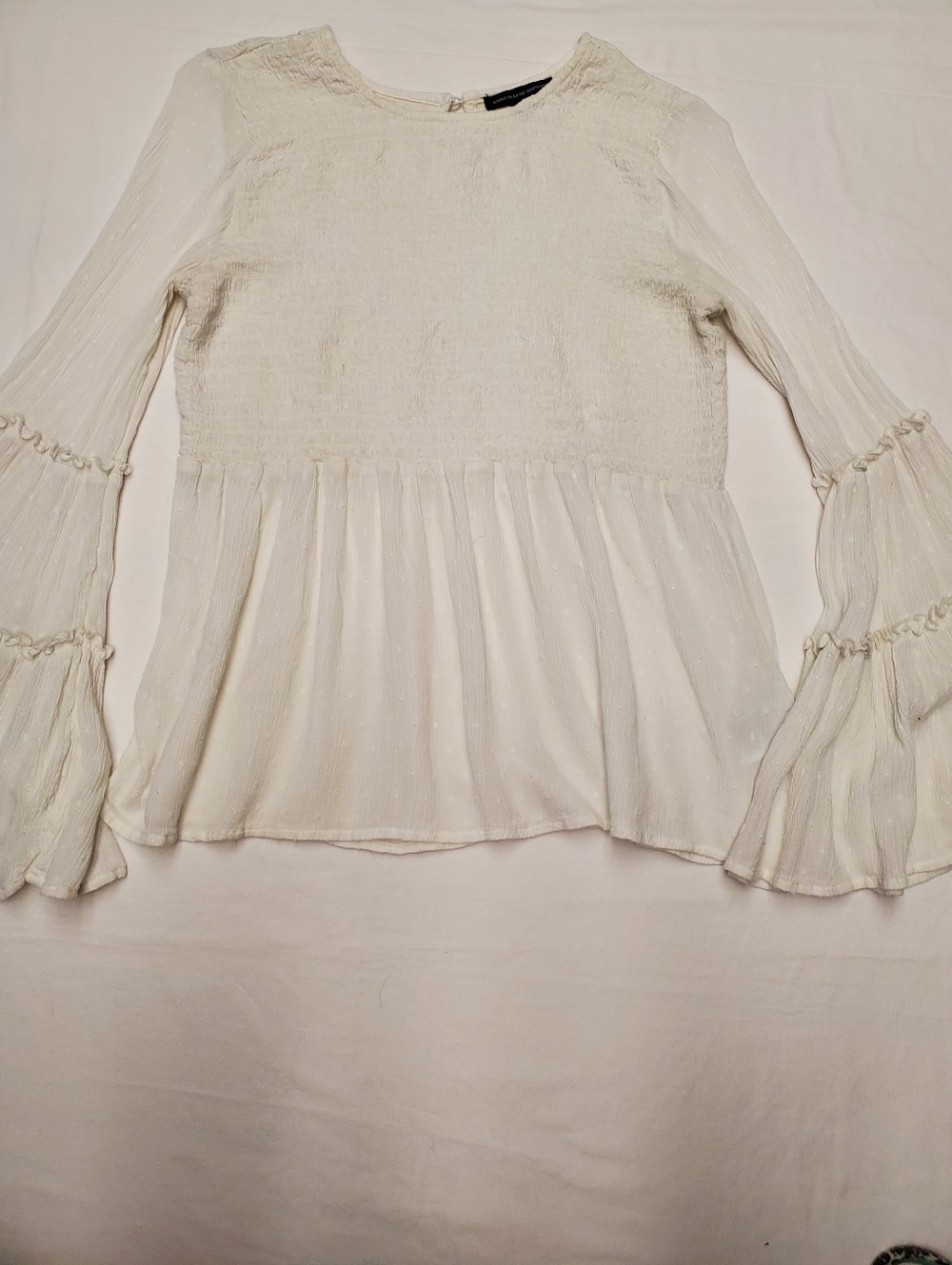 American Eagle Outfitters Cream Smocked Peplum Blouse Small | Boho Bell Sleeve